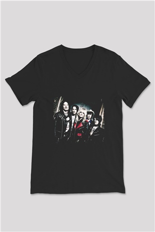 Hanoi Rocks Baskılı Unisex Siyah V Yaka Tişört
