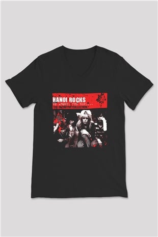 Hanoi Rocks Siyah Unisex V Yaka Tişört T-Shirt