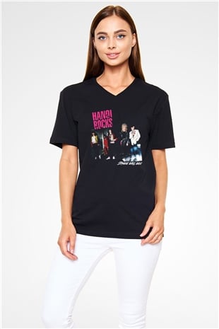 Hanoi Rocks Siyah Unisex V Yaka Tişört T-Shirt