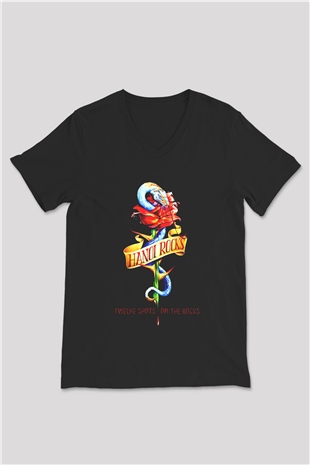 Hanoi Rocks Siyah Unisex V Yaka Tişört T-Shirt