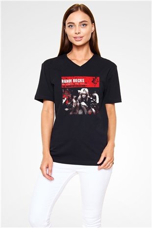 Hanoi Rocks Siyah Unisex V Yaka Tişört T-Shirt