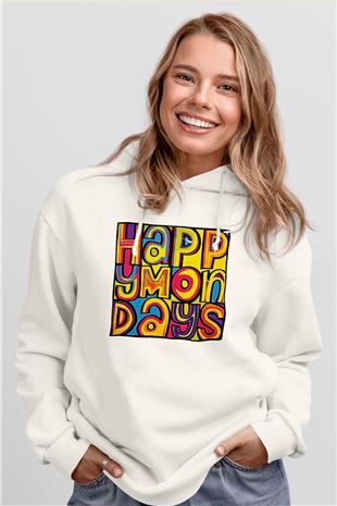 Happy Mondays Baskılı Beyaz Unisex Kapüşonlu Sweatshirt
