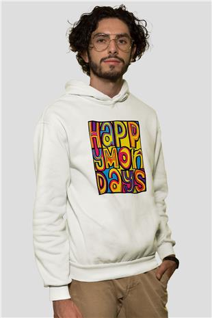 Happy Mondays Baskılı Beyaz Unisex Kapüşonlu Sweatshirt