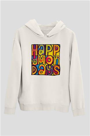 Happy Mondays Baskılı Beyaz Unisex Kapüşonlu Sweatshirt