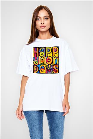 Happy Mondays Baskılı Beyaz Unisex Oversize Tişört - Tshirt