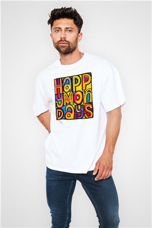 Happy Mondays Baskılı Beyaz Unisex Oversize Tişört - Tshirt