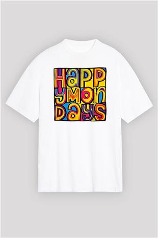 Happy Mondays Baskılı Beyaz Unisex Oversize Tişört - Tshirt