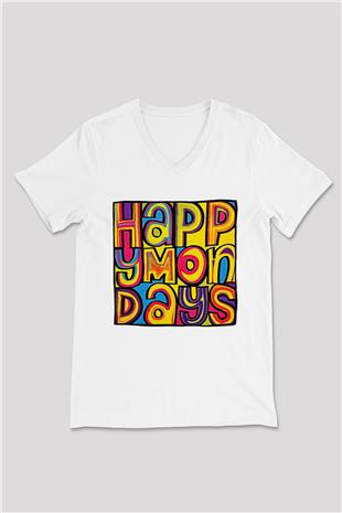 Happy Mondays Baskılı Beyaz Unisex V Yaka Tişört - Tshirt