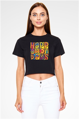 Happy Mondays Baskılı Siyah Crop Top Kadın Tişört - Tshirt