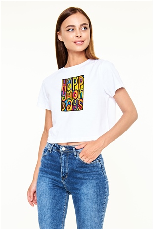 Happy Mondays Baskılı Unisex Beyaz Crop Top Tişört