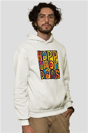 Happy Mondays Baskılı Unisex Beyaz Hoodie