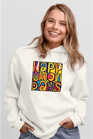 Happy Mondays Baskılı Unisex Beyaz Hoodie