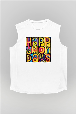 Happy Mondays Baskılı Unisex Beyaz Kolsuz Tişört