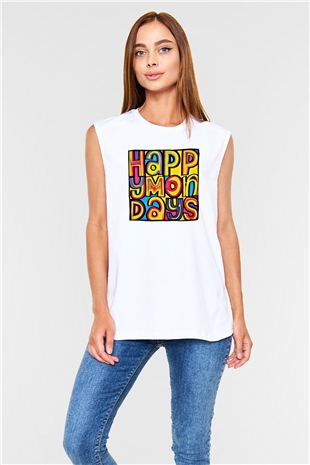 Happy Mondays Baskılı Unisex Beyaz Kolsuz Tişört