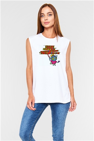 Happy Mondays Baskılı Unisex Beyaz Kolsuz Tişört