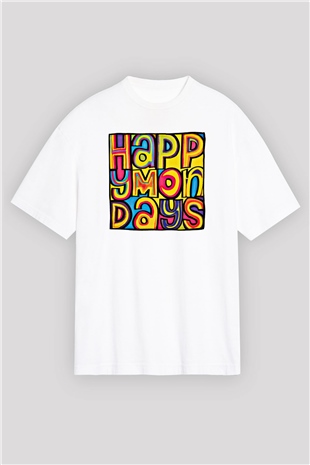 Happy Mondays Baskılı Unisex Beyaz Oversize Tişört