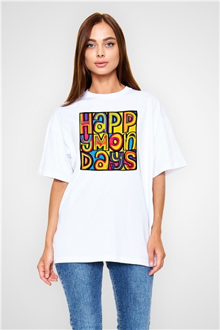Happy Mondays Baskılı Unisex Beyaz Oversize Tişört