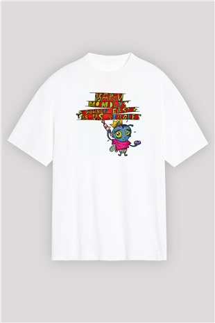 Happy Mondays Baskılı Unisex Beyaz Oversize Tişört