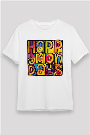Happy Mondays Baskılı Unisex Beyaz Tişört - Tshirt