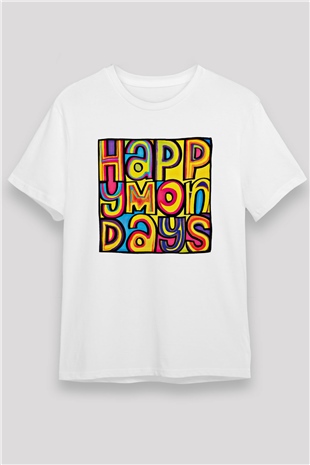 Happy Mondays Baskılı Unisex Beyaz Tişört