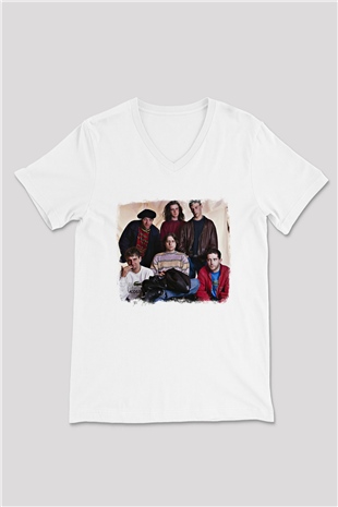 Happy Mondays Baskılı Unisex Beyaz V Yaka Tişört
