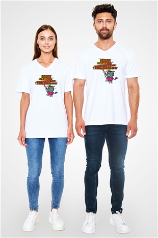 Happy Mondays Baskılı Unisex Beyaz V Yaka Tişört
