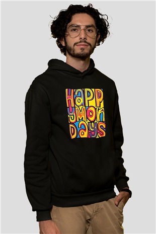 Happy Mondays Baskılı Unisex Siyah Kapüşonlu Sweatshirt