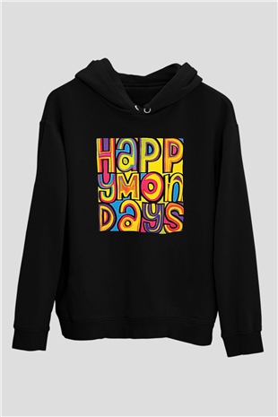 Happy Mondays Baskılı Unisex Siyah Kapüşonlu Sweatshirt