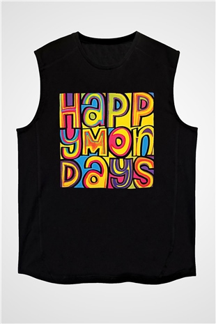 Happy Mondays Baskılı Unisex Siyah Kolsuz Tişört - Tshirt