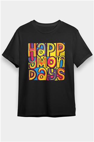 Happy Mondays Baskılı Unisex Siyah Tişört - Tshirt