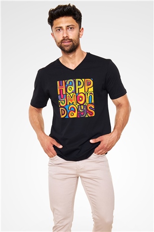 Happy Mondays Baskılı Unisex Siyah V Yaka Tişört - Tshirt
