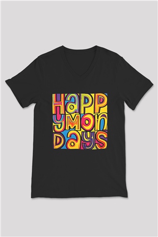 Happy Mondays Baskılı Unisex Siyah V Yaka Tişört - Tshirt