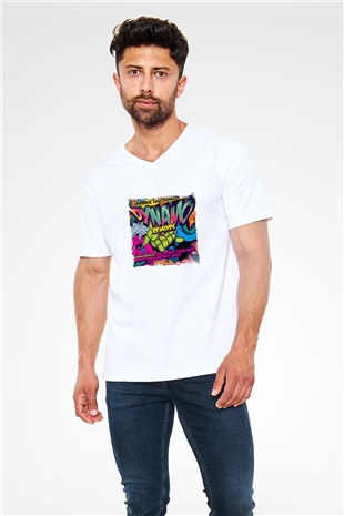 Hardwell Baskılı Beyaz V Yaka Unisex Tişört