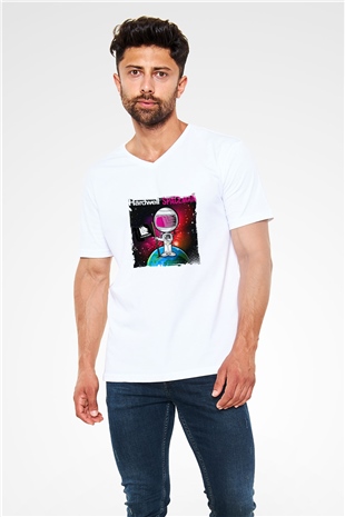 Hardwell Baskılı Beyaz V Yaka Unisex Tişört