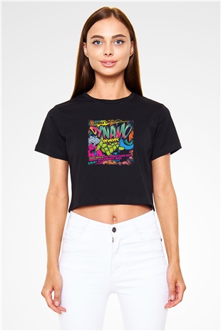 Hardwell Baskılı Crop Top Siyah Kadın Tişört