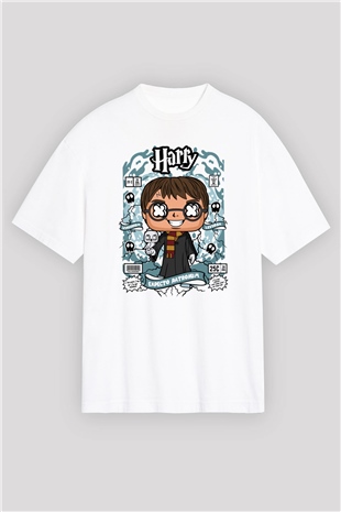 Harry Baskılı Unisex Beyaz Oversize Tişört