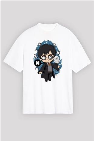 Harry Baskılı Unisex Beyaz Oversize Tişört