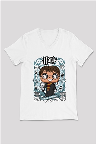 Harry Baskılı Unisex Beyaz V Yaka Tişört