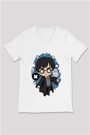 Harry Baskılı Unisex Beyaz V Yaka Tişört