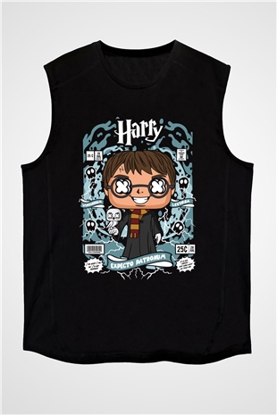 Harry Baskılı Unisex Siyah Kolsuz Tişört