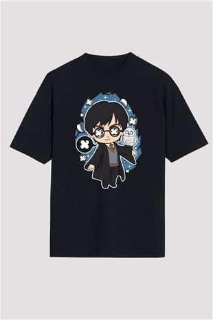 Harry Baskılı Unisex Siyah Oversize Tişört