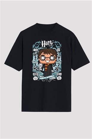Harry Baskılı Unisex Siyah Oversize Tişört