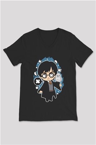 Harry Baskılı Unisex Siyah V Yaka Tişört