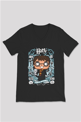 Harry Baskılı Unisex Siyah V Yaka Tişört