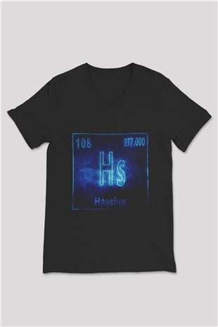 Hassiyum Atom Numarası Baskılı Unisex Siyah V Yaka Tişört
