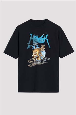 Havok Baskılı Unisex Siyah Oversize Tişört - Tshirt