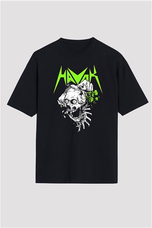 Havok Baskılı Unisex Siyah Oversize Tişört - Tshirt