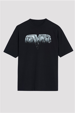 Havok Baskılı Unisex Siyah Oversize Tişört - Tshirt