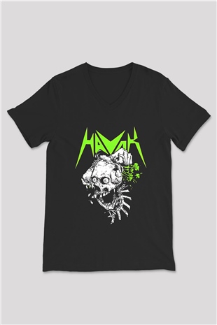 Havok Baskılı Unisex Siyah V Yaka Tişört - Tshirt