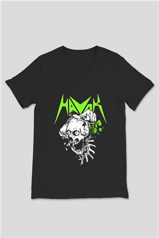 Havok Baskılı Unisex Siyah V Yaka Tişört - Tshirt